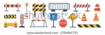 Traffic road barricade. Closed road blocks. Collection of various traffic signs and road safety equipment isolated on white background, cones, barriers, and warning signals vector illustration.
