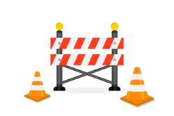 Traffic Road Barrier. Road Closed, Warning Barrier. Flat Vector Illustrations For Website Under Construction Page. Warning And Stop Signs, Roadwork, Traffic Barricade And Cone. Safety Barricade