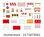 Traffic road barriers or barricades set for safety of driving, flat vector illustration isolated on white background. Set of alert signs of closed roads and detour. Plastic and striped fences.