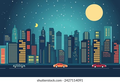 Traffic Road in City at Night Building Cityscape Flat Design