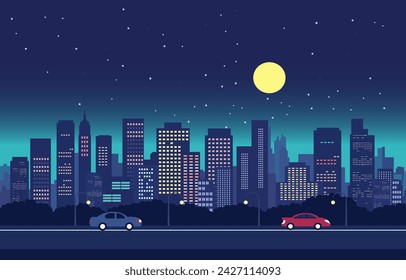 Verkehrsstraße in der Stadt bei Nacht mit Vollmond Flat Design Illustration