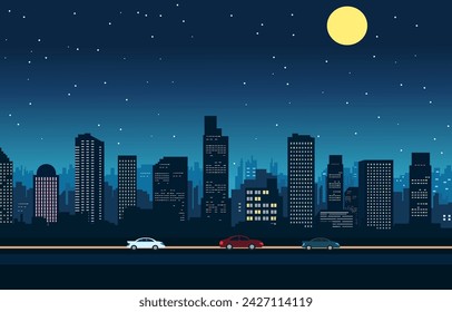 Traffic Road in City at Night with Skyscrapers Landscape Flat Design Illustration