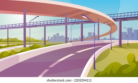 Traffic road or communication between cities. Highway with bridge and passage for pedestrians. Lanterns and greenery on sideways. Vector in flat cartoon style