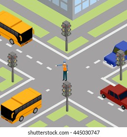 Traffic road traffic controller. Control transportation on street, cop pointsman, vector illustration