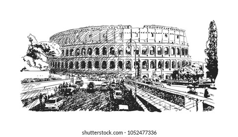 Traffic road in front of Coliseum the largest amphitheatre ever built, Rome, Italy. Vector hand drawn sketch mixed with black ink stamp technique