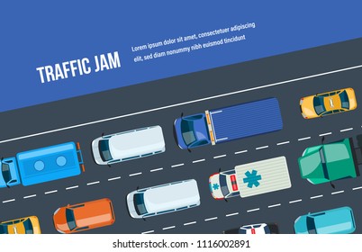 Traffic road jam. Automobile traffic around the city and highway, motorway. Multi-lane road with one-way traffic. Types of cars and public city transport urban vehicle, car fleet. Vector illustration.