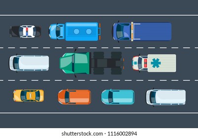 Traffic Road Jam. Automobile Traffic Around The City And Highway, Motorway. Multi-lane Road With One-way Traffic. Types Of Cars And Public City Transport Urban Vehicle, Car Fleet. Vector Illustration.