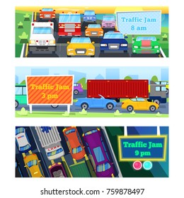 Traffic road jam vector transportation problems illustration at night and day city transport urban vehicle traffic-jam highway auto car on roads pollution and stress