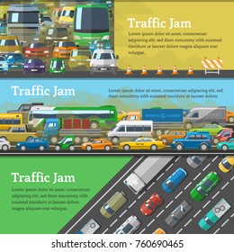 Traffic road jam vector transportation problems illustration at night and day city transport urban vehicle traffic-jam highway auto car on roads pollution and stress