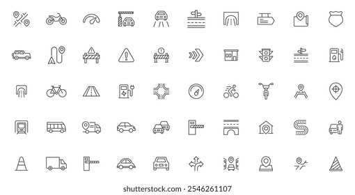 Traffic and road line icons collection. Street, transport,traffic sign, fuel, vehicle, location, car service icons.Traffic and Road signs. Stroke line icon collection