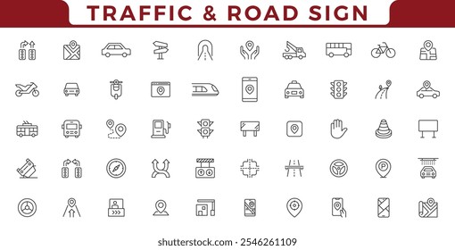 Traffic and road line icons collection. Street, transport,traffic sign, fuel, vehicle, location, car service icons.Traffic and Road signs. Stroke line icon collection