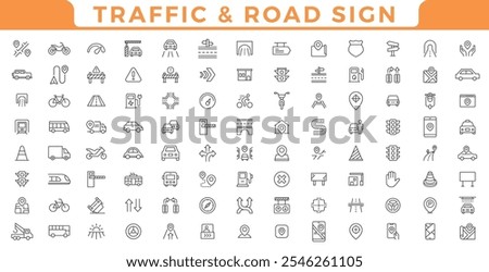 Traffic and road line icons collection. Street, transport,traffic sign, fuel, vehicle, location, car service icons.Traffic and Road signs. Stroke line icon collection