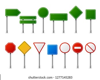 Traffic Road Realistic Signs. Signage Signal Warning Sign Stop Danger Caution Speed Highway Empty Parking Street Board Vector Set