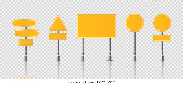 Traffic road realistic signs. Signage, warning sign stop danger caution speed highway, street board vector set. Yellow street road signs.