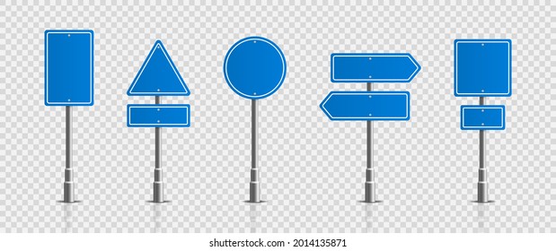 Traffic road realistic signs. Signage, warning sign stop danger caution speed highway, street board vector set. Blue street road signs.