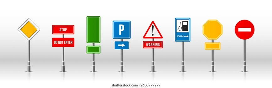 Traffic road realistic signs. Signage, warning sign stop danger caution speed highway, street board vector set.