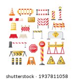 Traffic road repair barriers set. Safety barricade, roadblocks, warning alert signs. Construction fences, warning detour, repair hurdle, safety barricade warning for city street repair works vector