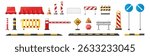 Traffic road repair barriers set. Safety barricade. Construction fences, warning detour set icon