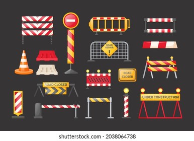 Traffic road repair barriers set. Safety barricade, roadblocks, warning alert signs. Construction fences, warning detour, repair hurdle, safety barricade warning for city street repair work vector