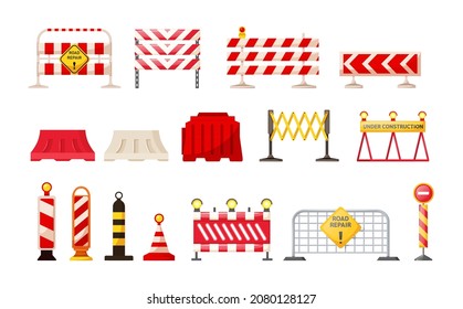 Traffic road repair barriers set. Safety barricade, roadblocks, warning alert signs. Construction fences, warning detour, repair hurdle, safety barricade warning for city street repair works vector