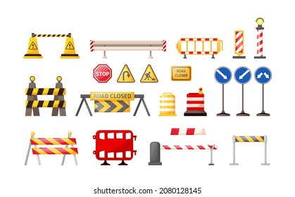 Traffic road repair barriers set. Safety barricade, roadblocks, warning alert signs. Construction fences, warning detour, repair hurdle, safety barricade warning for city street repair works vector