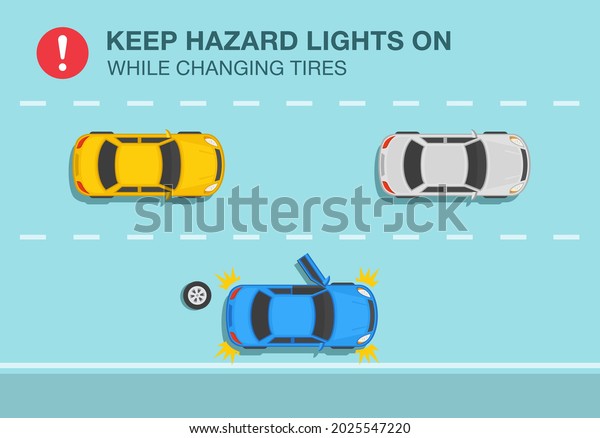Traffic or road rule. Blue broken\
down sedan car on city highway. Keep hazard lights on while\
changing tires warning design. Flat vector illustration\
template.