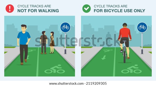 Traffic or road rules. Cycle tracks are for\
bicycle use only, not for walking. Route to be used by pedal cycles\
only road sign. Back view of cycling bike rider. Flat vector\
illustration template.