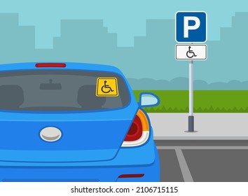 Traffic or road rules. Disabled parking area sign. Back view of a blue sedan car with handicap access sticker on rear window. Flat vector illustration template.