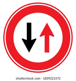 Traffic, road sign. Give way to oncoming.