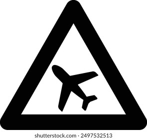 Traffic Road Sign, Low Flying Aircraft flat black vector icon.