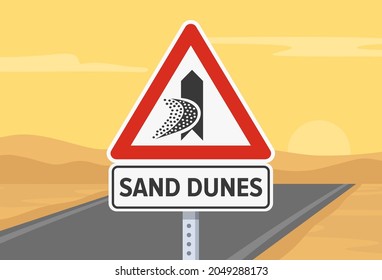 Traffic or road sign meaning. Close up view of warning sign for sand dunes. Flat vector illustration template.