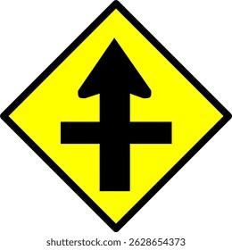 Traffic road sign vector icon, vertical and horizontal merge arrow on yellow diamond. Warning sign for Junction or merging traffic, ideal for driving or transport design.