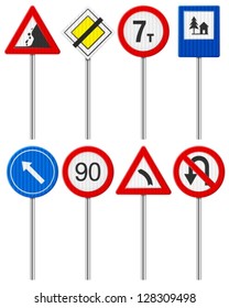 Traffic road signs set on a white background.