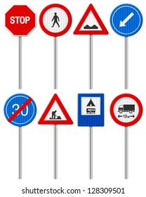 Traffic road signs set on a white background.