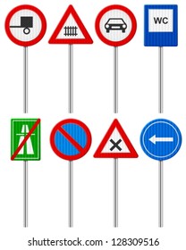 Traffic road signs set on a white background.