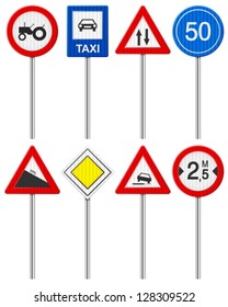 Traffic road signs set on a white background.
