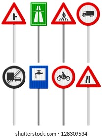 Traffic road signs set on a white background.
