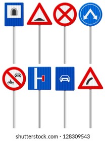 Traffic road signs set on a white background.