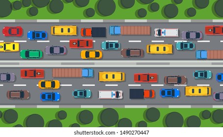 Traffic road vector top view highway city car. Street flat vehicle map infographic lane illustration. Transport control urban. Truck travel direction line concept. Roadside speedway trip route