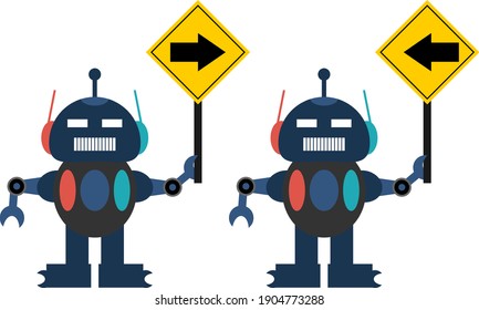 robot de tráfico y señales de dirección derecha e izquierda en un estilo de diseño plano