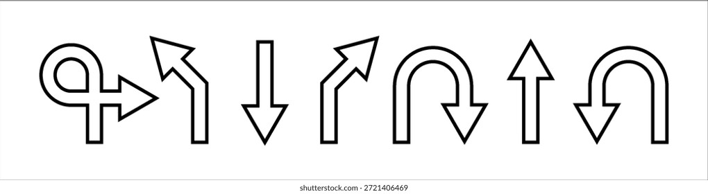 Traffic route arrow collection with location point PNG. Showing left, right, U-turn and forward directions for map navigation vector