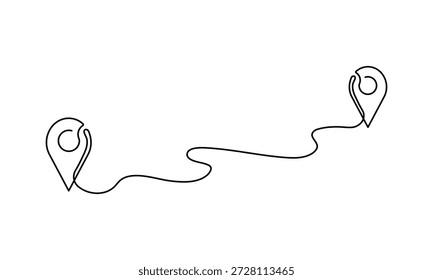 Traffic route between two points on map. Location signs and trip plan trace Continuous line art drawing vector illustration 
