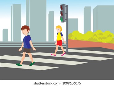 traffic rules. children in green light. green yellow red