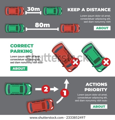 traffic rules horizontal banners. cars on the highway, correct parking rules templates. vector flat cartoon template