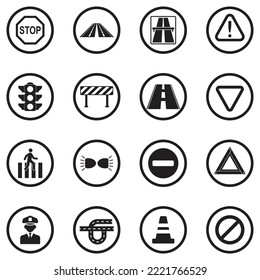 Traffic Rules Icons. Black Flat Design In Circle. Vector Illustration.