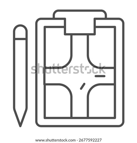 Traffic rules image and pen thin line icon, driver license concept. Vector graphics. Rule paper with driving test map sign on white background, outline style icon for mobile or web design