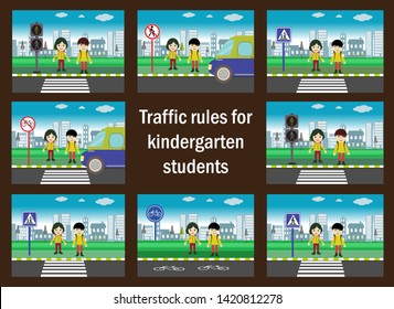 Traffic rules for kindergarten students. red, yellow and green light. traffic education. traffic rules for children. Traffic signs. children using pedestrian crossing. 
