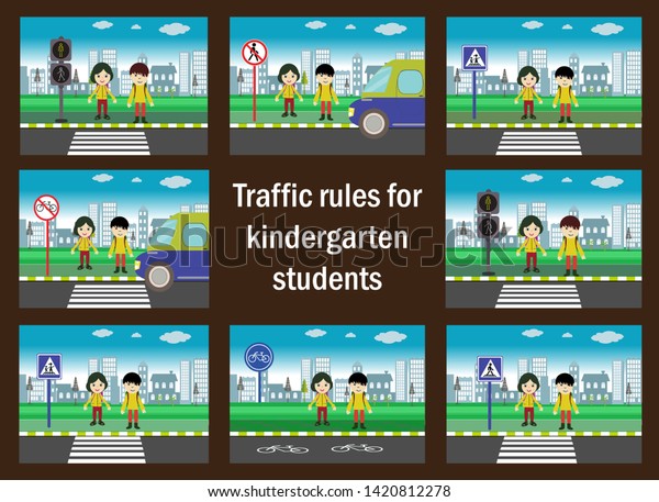Traffic rules for\
kindergarten students. red, yellow and green light. traffic\
education. traffic rules for children. Traffic signs. children\
using pedestrian crossing.\
