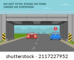 Traffic rules on highway, speedway, motorway. Do not stop, stand or park under an overpass. Flat vector illustration template.