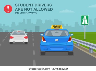 Traffic rules on highway, speedway, motorway. Student drivers are not allowed on expressway. Back view of a blue sedan car with yellow learner plate. Flat vector illustration template.